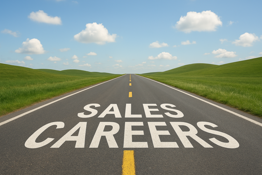 Open road leading toward the horizon with the words “Sales Careers” painted on the asphalt, symbolizing a clear path for advancing in sales roles.