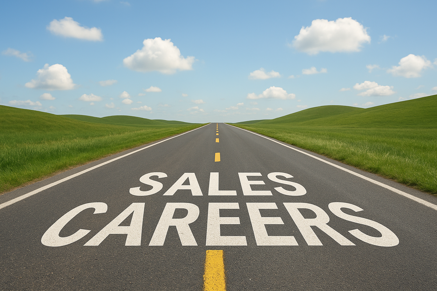 Open road leading toward the horizon with the words “Sales Careers” painted on the asphalt, symbolizing a clear path for advancing in sales roles.