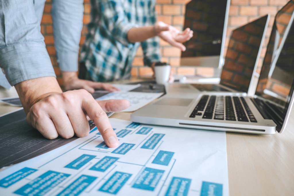 Orange County BDR Recruitment - image of business development representatives working together in Orange County office with multiple laptops on desk and pointing at org chart