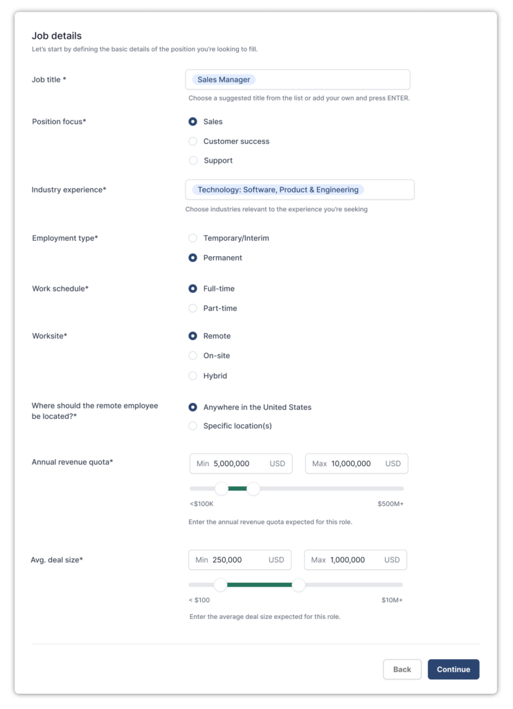 Image of AccountMakers job posting form displaying fields to define a sales role, including job title, position focus, industry experience, employment type, work schedule, remote location preferences, annual revenue quota range, and average deal size requirements.