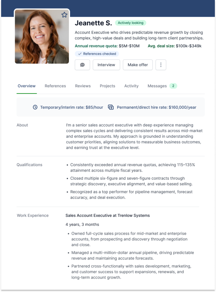 Talent Profile: Account Executive talent profile showcasing revenue quota, average deal size, sales achievements, qualifications, and experience managing complex sales cycles.