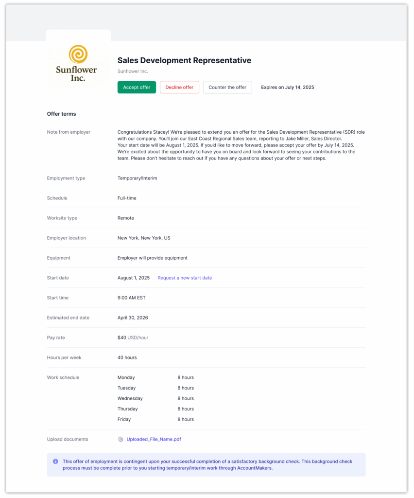 Screenshot of a Sales Development Representative job offer on the AccountMakers platform showing offer details, start and end dates, pay rate, and acceptance options. The page highlights how talent can review, accept, decline, or counter job offers directly within their AccountMakers account.
