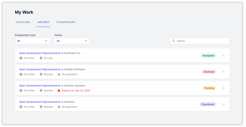 Screenshot of the AccountMakers “My Work” dashboard showing the Job Offers tab, where talent can view and manage full-time or part-time offers with statuses such as Accepted, Declined, Pending, and Countered. This section helps users track offer details, expiration dates, and respond directly within their AccountMakers account.