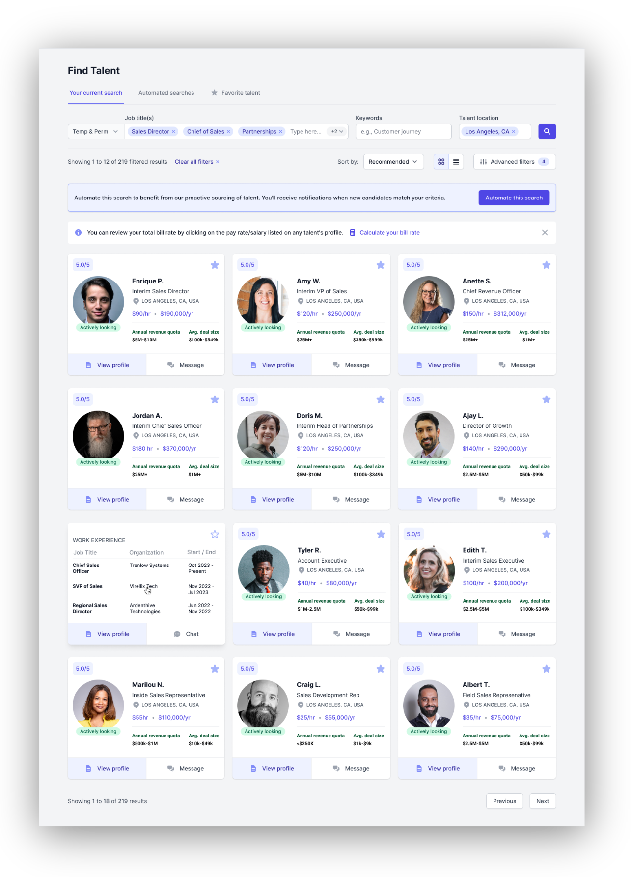 An image for the help desk page about automated searches which displays 12 candidate profile previews for interim and temporary roles in Sales displayed in a grid layout on the AccountMakers platform. Each profile preview includes a profile photo, name, role title, location (Los Angeles, CA), hourly and annual pay expectations, availability status, and rating.