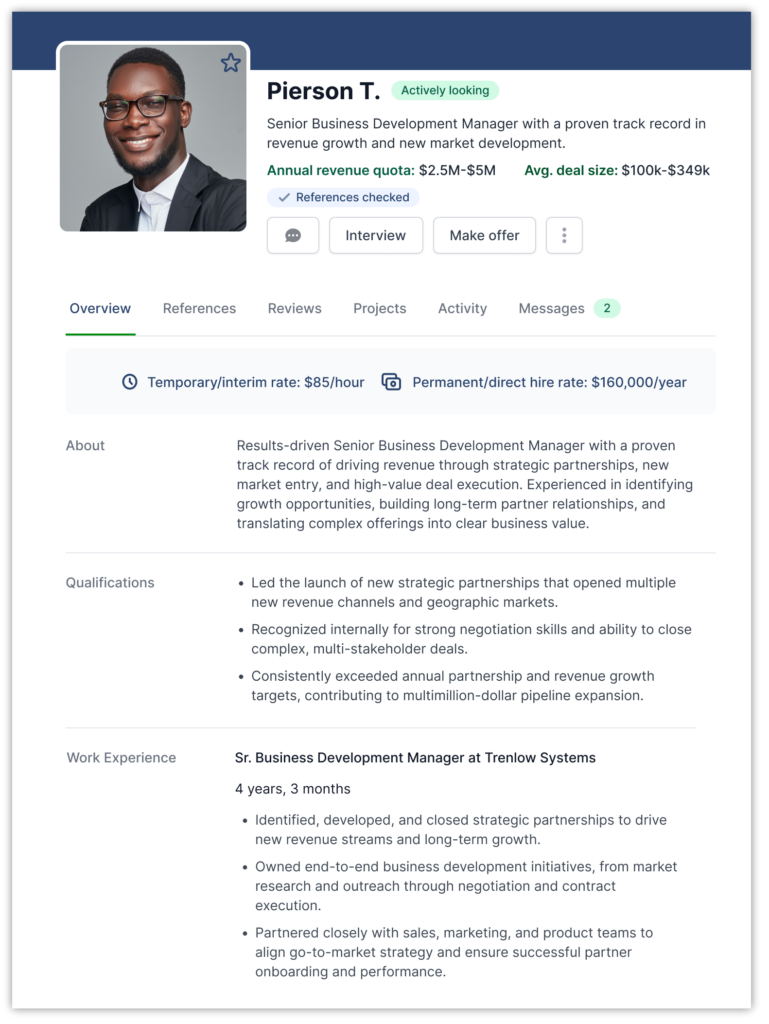 Senior Business Development Manager profile on the AccountMakers platform highlighting revenue growth experience, quota range, average deal size, compensation details, and work history focused on strategic partnerships and new market development.