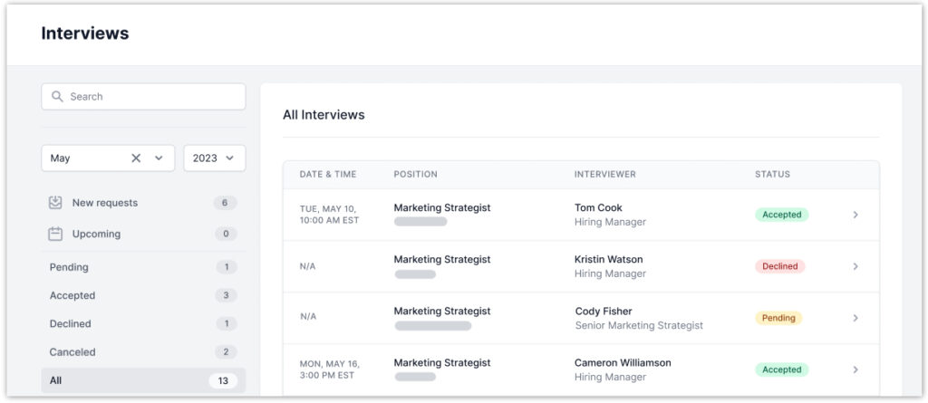Image shows the Interviews tab in a job seeker account on AccountMakers. The tab shows the list of all interviews with employers and are sorted by status.