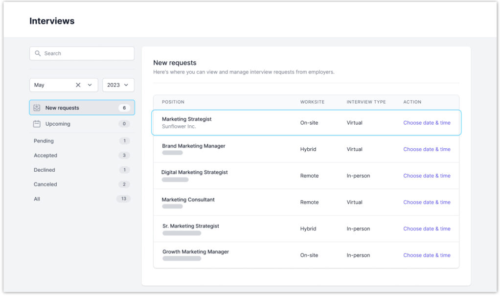 Image shows the Interviews section of a talent account on AccountMakers. Talent can sort interviews by new requests and respond back to employers to schedule or decline the interview.