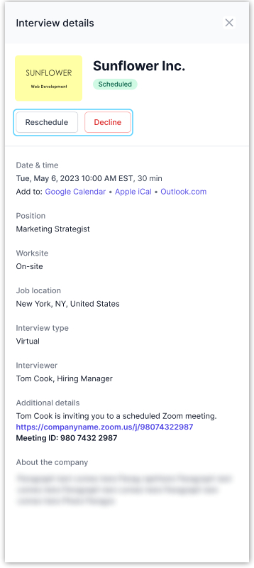 Image shows an example of what the talent sees on AccountMakers when they click to view details of a scheduled interview. The talent can request to reschedule the interview or decline it.