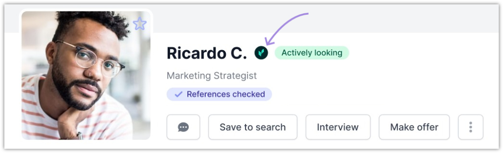 Image shows where the Veriff Badge is located on the talent profile when the user has verified their identity. 