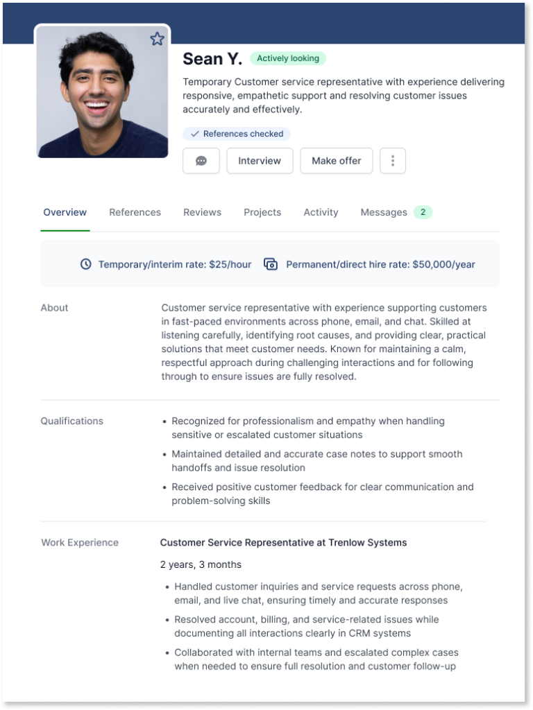 AccountMakers talent profile for a temporary customer service representative showing candidate details including hourly rate, direct hire salary expectation, references checked status, qualifications, and work experience, with options for employers to message, schedule an interview, or make an offer.