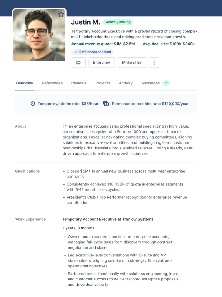 Temporary Account Executive Talent Profile showing work experience, quotas, and skills for employers' consideration on AccountMakers