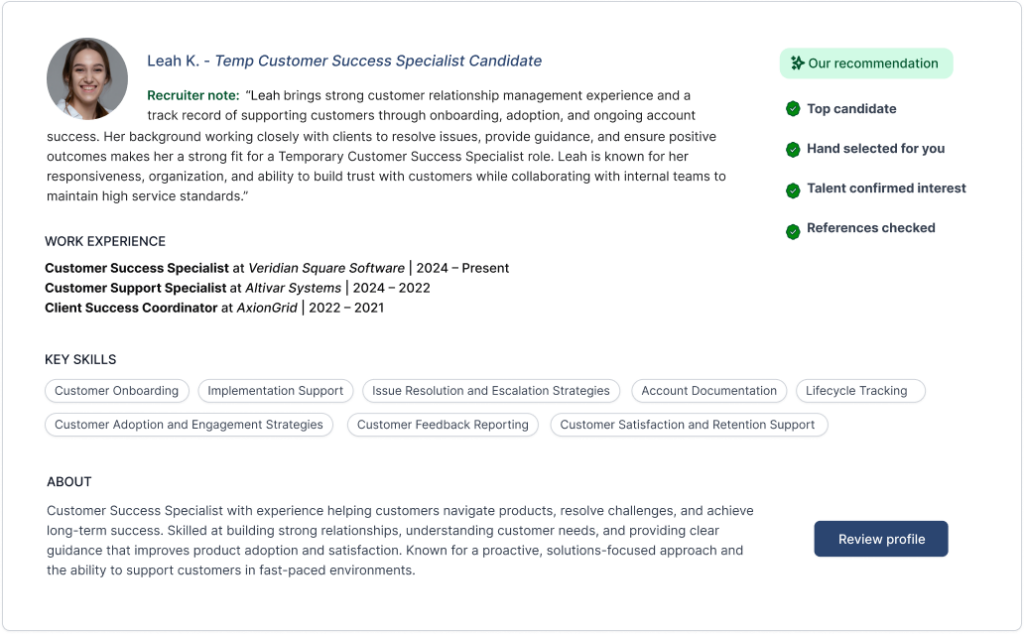 AccountMakers candidate presentation featuring a temporary Customer Success Specialist with recruiter recommendation, work experience, key skills such as customer onboarding and lifecycle tracking, and an option for employers to review the profile and schedule interviews.