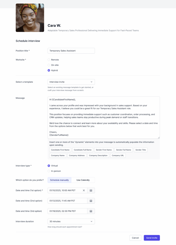 Temporary sales staffing and recruiting interview request for an open temp sales assistant role on AccountMakers