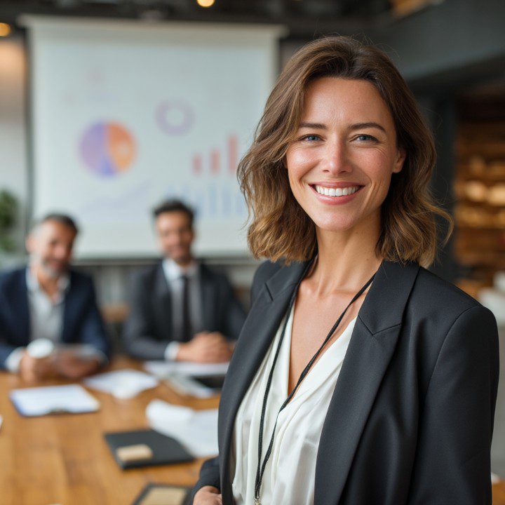 Confident professional businesswoman presenting sales strategies in a modern office, representing a guide built on proven tactics and real success stories.